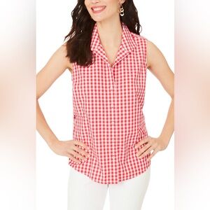Foxcroft Shirt 10 Red White Gingham Check Cotton Sleeveless Collar Non Iron $79